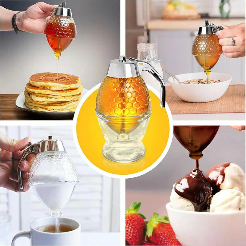 Honey Pourer Dispenser with Stand and Storage Jar for Juices and Syrups.