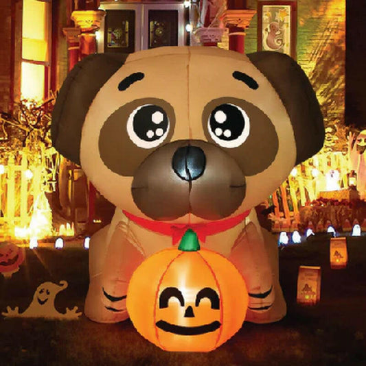 5FT Inflatable Halloween Pug Holding Pumpkin – LED Blow-Up Decoration for Garden, Lawn, and Indoor Displays