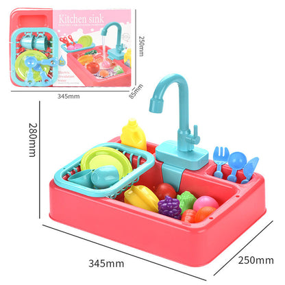Children’s simulated kitchen sink toy with electric water pump, safe ABS material, and accessories.