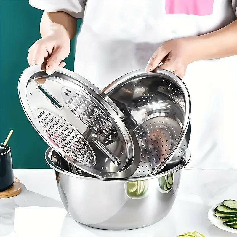 3-in-1 Stainless Steel Salad Maker Bowl – Strainer, Grater & Slicer in One.