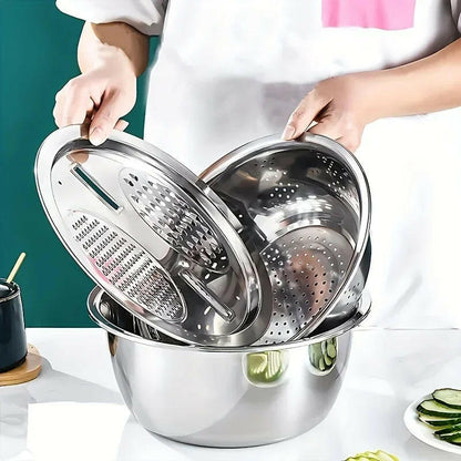 3-in-1 Stainless Steel Salad Maker Bowl – Strainer, Grater & Slicer in One.