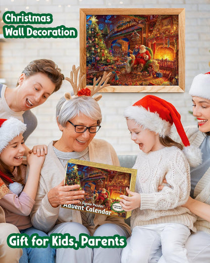 Christmas advent calendar puzzle with 24 pieces, final artwork of Santa by the fire.