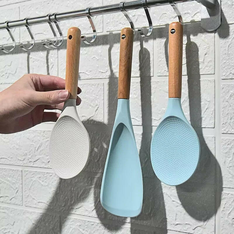 Transform Your Cooking Experience with the Non-Stick Silicone Rice Shovel Spoon - Effortless Serving with a Long Wooden Handle!.