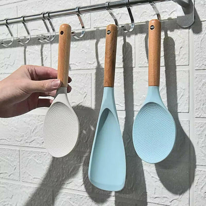 Transform Your Cooking Experience with the Non-Stick Silicone Rice Shovel Spoon - Effortless Serving with a Long Wooden Handle!.
