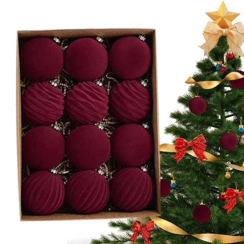 12-Pack Green Flocked Christmas Tree Baubles – Elegant ABS Ornaments for Festive Decor & Holiday Parties.