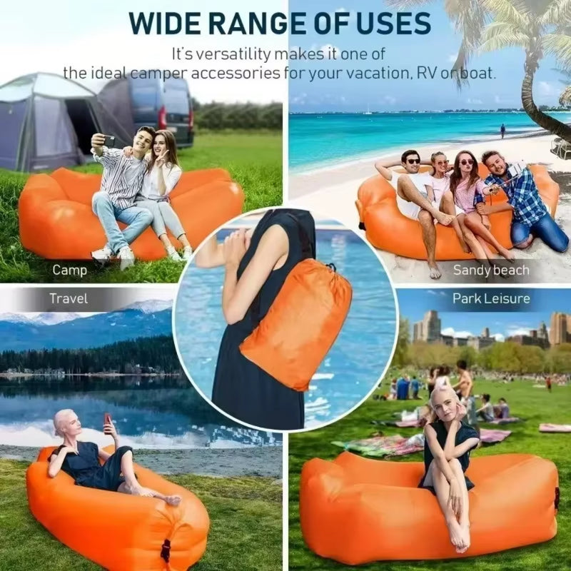 Inflatable sofa with lightweight, foldable design & quick inflation. Perfect for camping, beach & concerts! Durable, ergonomic & travel-friendly. No pump needed!