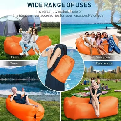 Inflatable sofa with lightweight, foldable design & quick inflation. Perfect for camping, beach & concerts! Durable, ergonomic & travel-friendly. No pump needed!