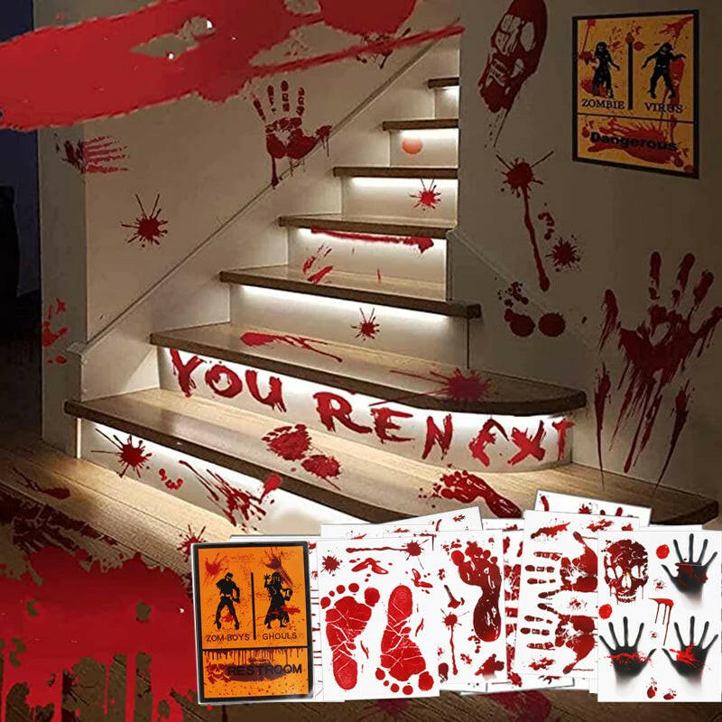 2025 Bloody Handprint & Halloween Sticker Set – Window, Wall & Floor Decals with Ghost, Bat, Pumpkin & Web Designs (1 Set)