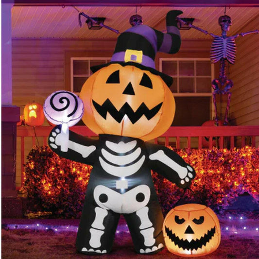 6FT Inflatable Halloween Pumpkin with Skull Body – LED Blow-Up Decoration for Garden, Lawn, and Indoor Displays