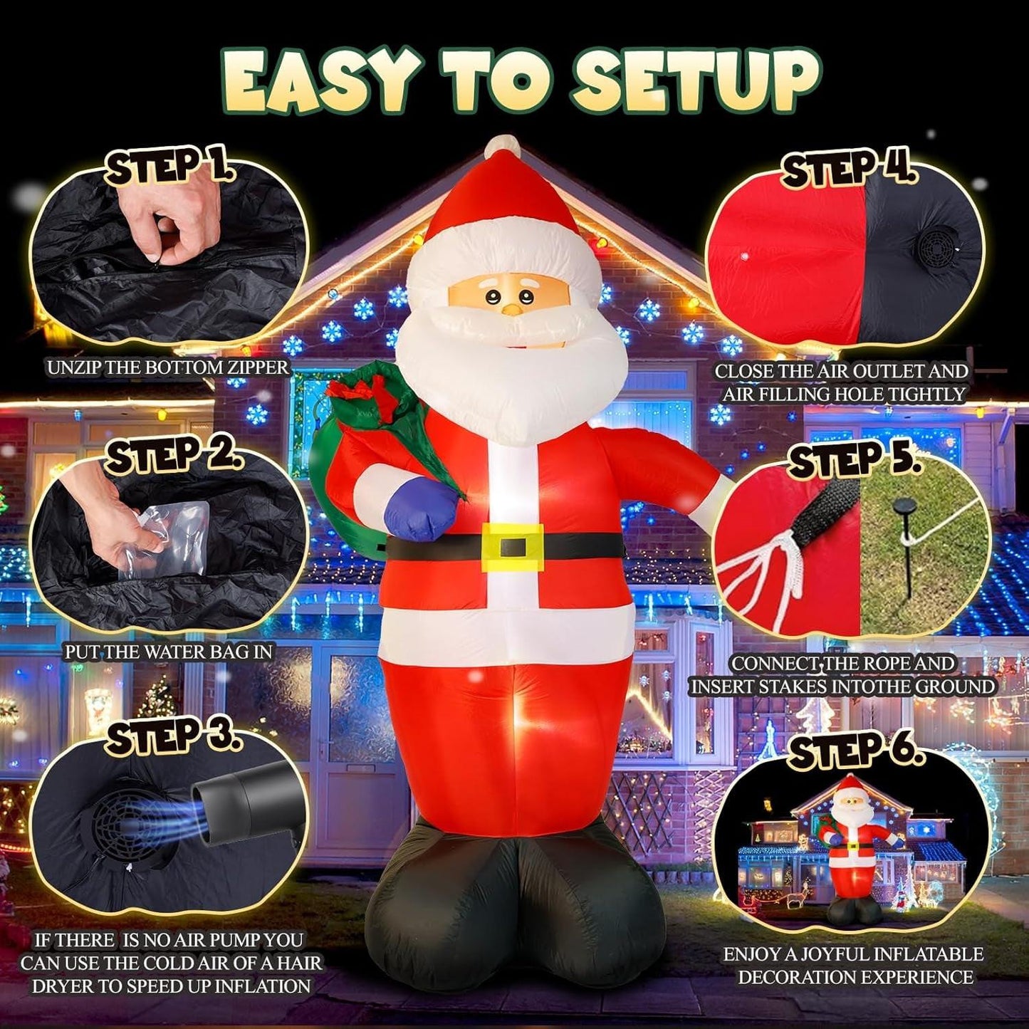 8FT Giant Santa Christmas Inflatable – Outdoor Decoration with LED Lights & Gift Bag | Yard, Retail & Event Display.