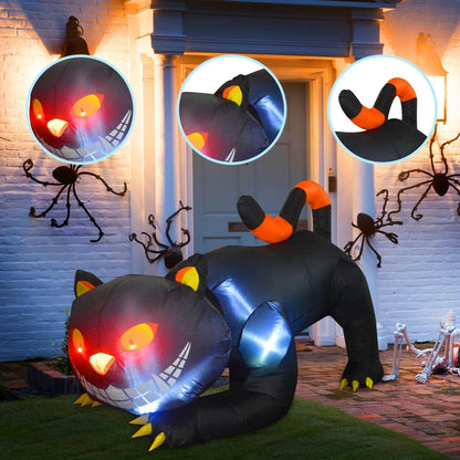 6FT Inflatable Halloween Black Cat with Fangs – LED Blow-Up Decoration for Garden, Lawn, and Indoor Displays