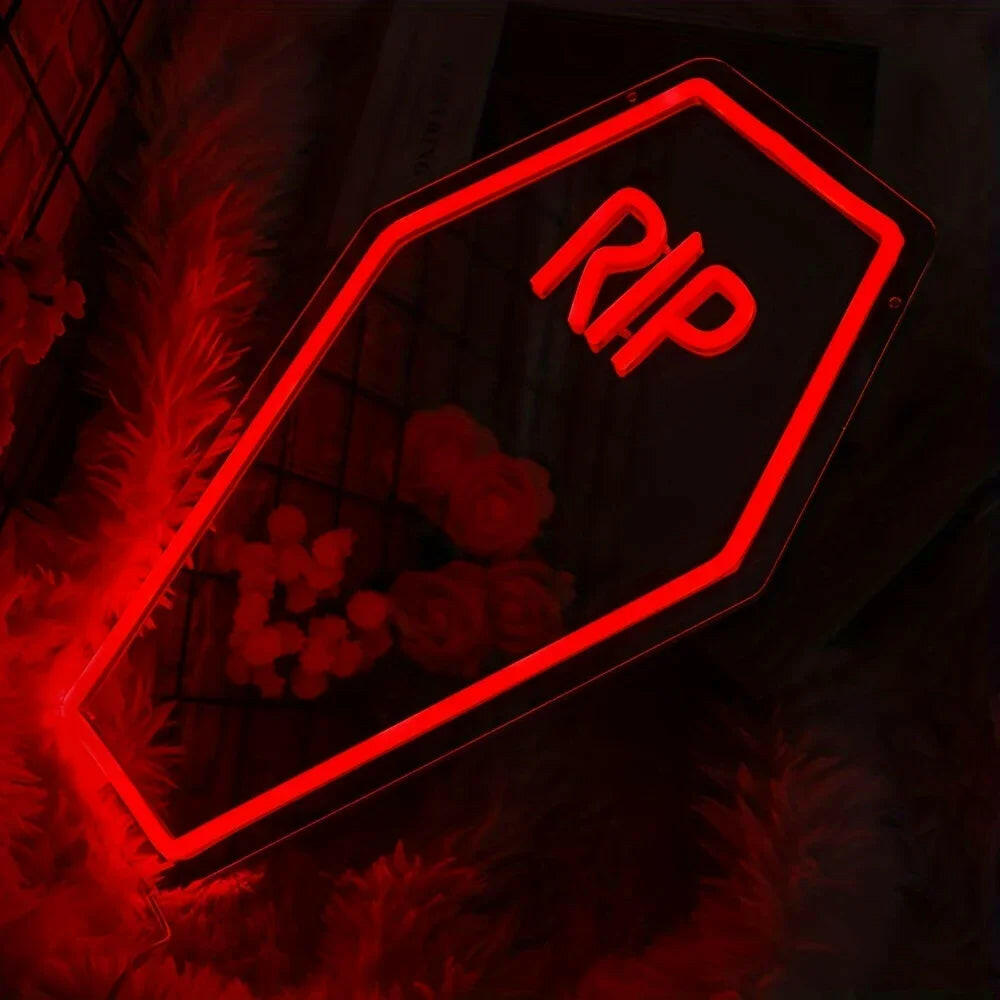 Coffin RIP Neon Mirror Sign – USB-Powered Gothic LED Light for Halloween, Bedroom & Bar Decor