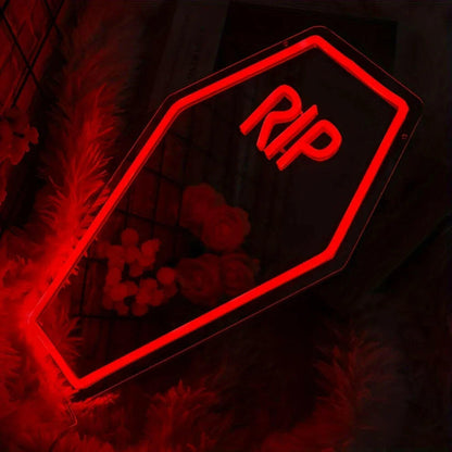 Coffin RIP Neon Mirror Sign – USB-Powered Gothic LED Light for Halloween, Bedroom & Bar Decor