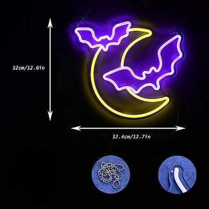 2025 Moon & Bat Neon Sign – USB-Powered LED Wall Light with Dimmable Brightness for Halloween Party & Gothic Decor