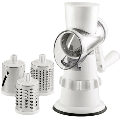 3-in-1 Manual Rotary Vegetable Slicer – Grater, Shredder & Chopper in One.