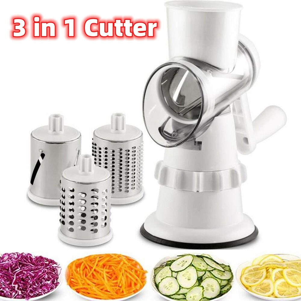 3-in-1 Manual Rotary Vegetable Slicer – Grater, Shredder & Chopper in One.
