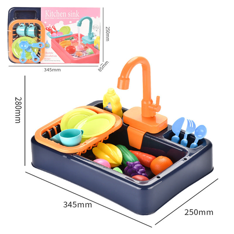 Children’s simulated kitchen sink toy with electric water pump, safe ABS material, and accessories.
