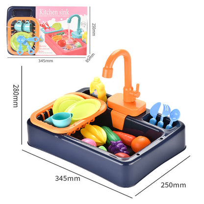 Children’s simulated kitchen sink toy with electric water pump, safe ABS material, and accessories.