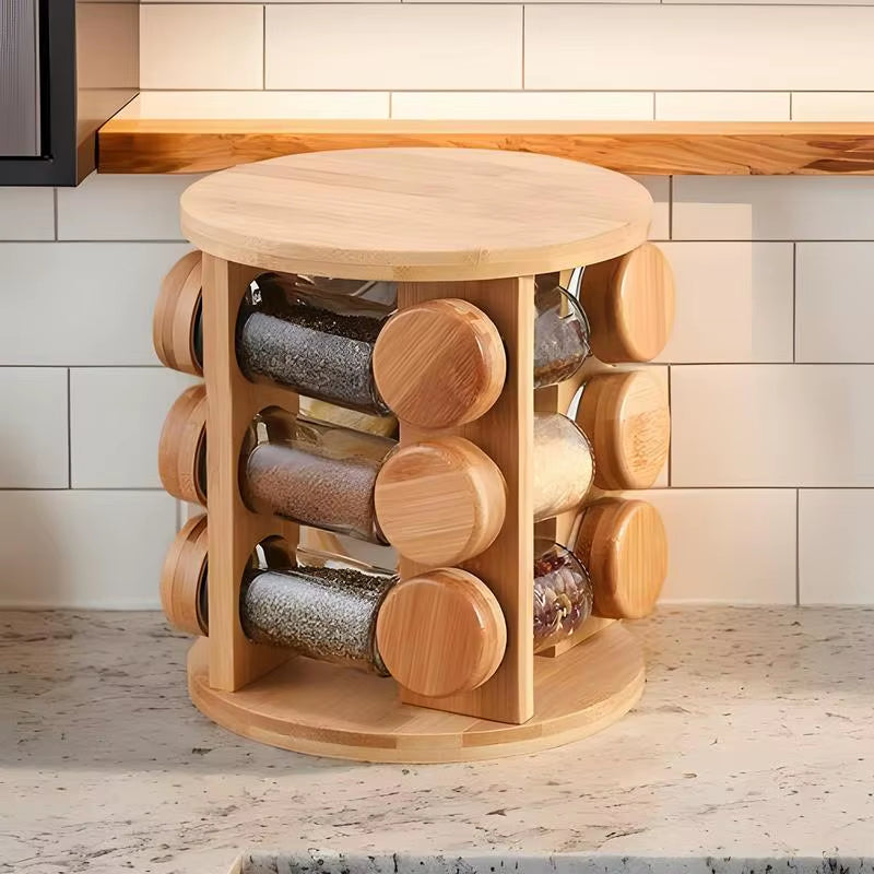 Wooden Seasoning Rack Condiment Jar Holder for Kitchen Rotating Salt Container Storage Shelf for Pepper Jars Condiment Box Rack