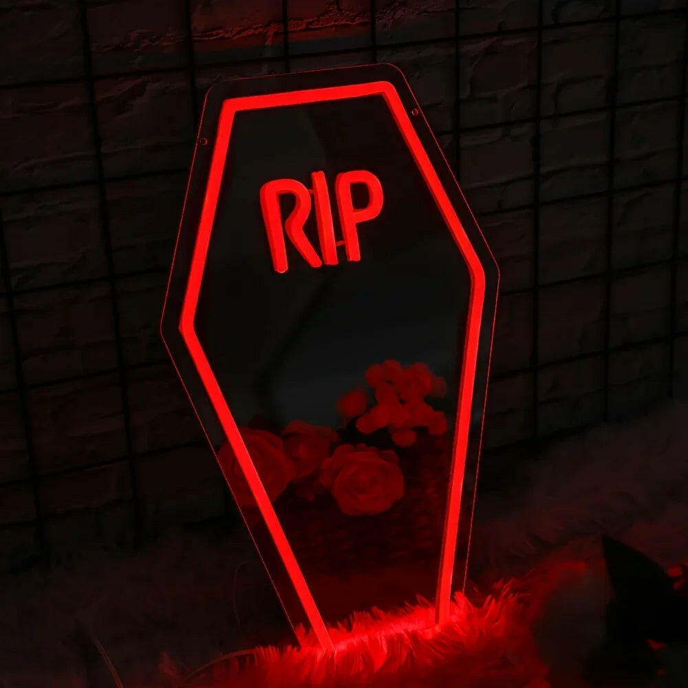 Coffin RIP Neon Mirror Sign – USB-Powered Gothic LED Light for Halloween, Bedroom & Bar Decor