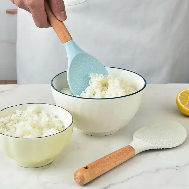 Transform Your Cooking Experience with the Non-Stick Silicone Rice Shovel Spoon - Effortless Serving with a Long Wooden Handle!.