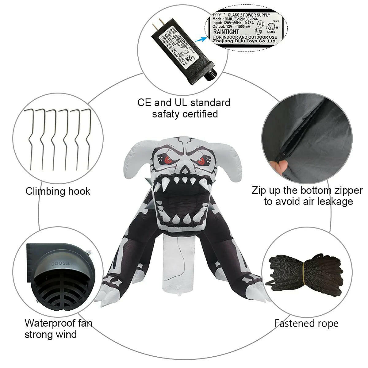 5FT Inflatable Halloween Puppy Skeleton Dog – Flashing Red LED Blow-Up Decoration for Garden, Lawn, and Party Displays