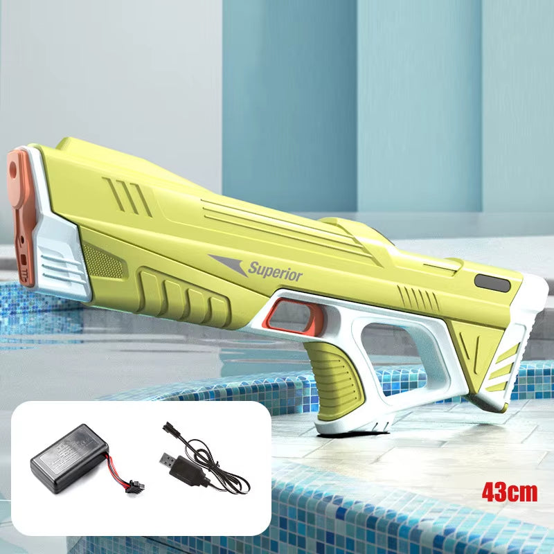 Electric water gun with rechargeable lithium battery & 8–10m range. 43cm long blaster with quick refilling, waterproof design & up to 200 shots per charge