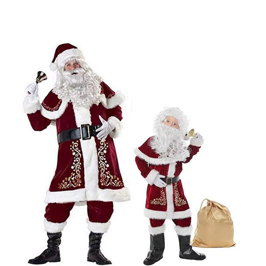 Deluxe Velvet Santa Suit – 8Pc Adult & Kids Christmas Costume Set.
