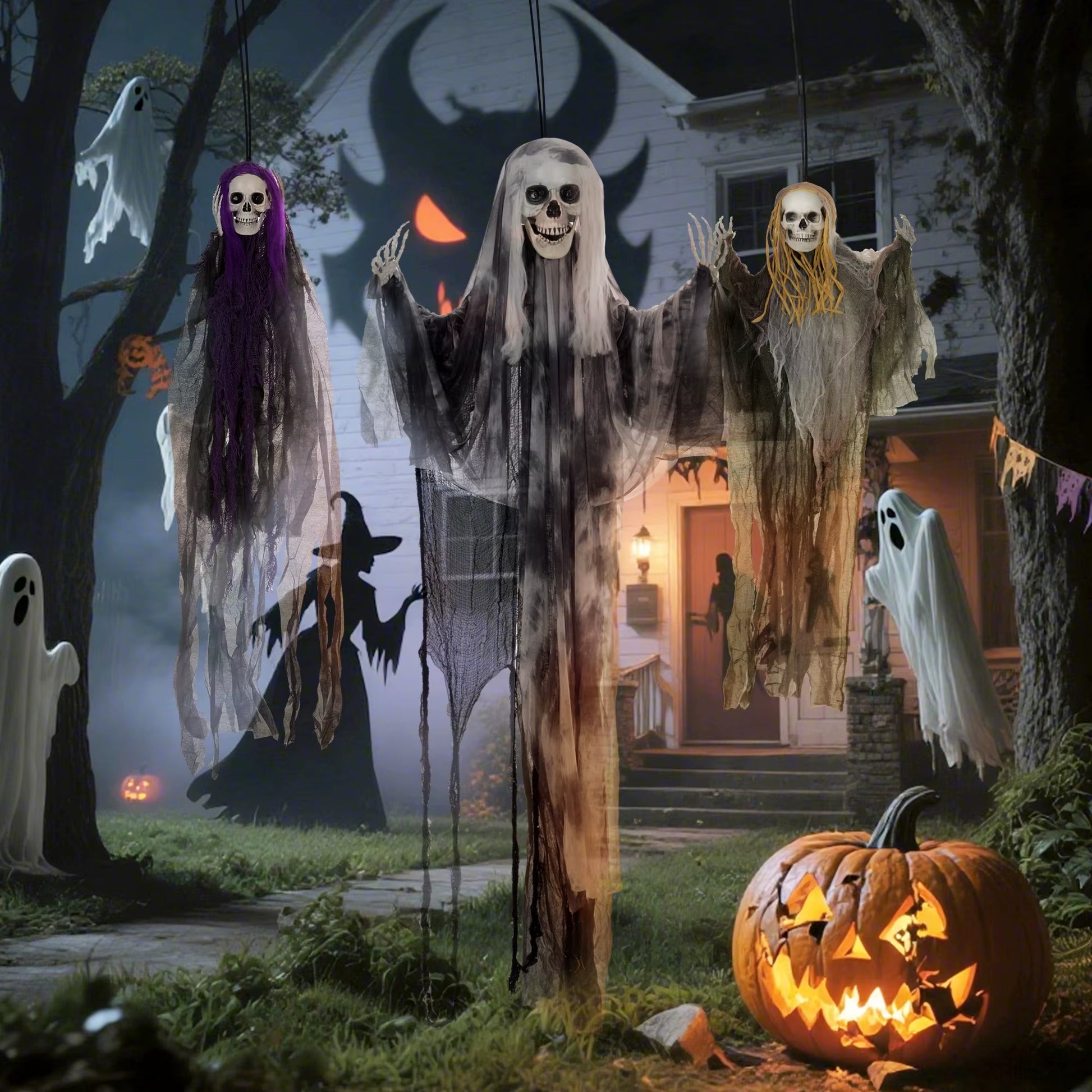 Ghastly Set of 3 Hanging Skeleton, Flying Ghost Halloween Decorations