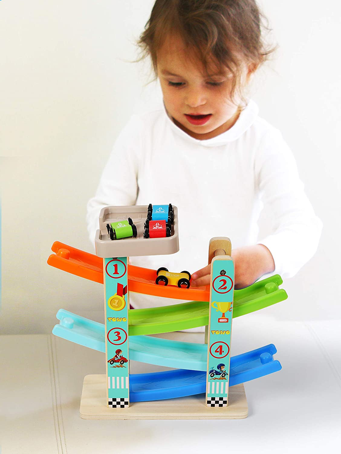 TOWO Wooden Car Ramp Toy | Zig Zag Slide with 4 Cars.
