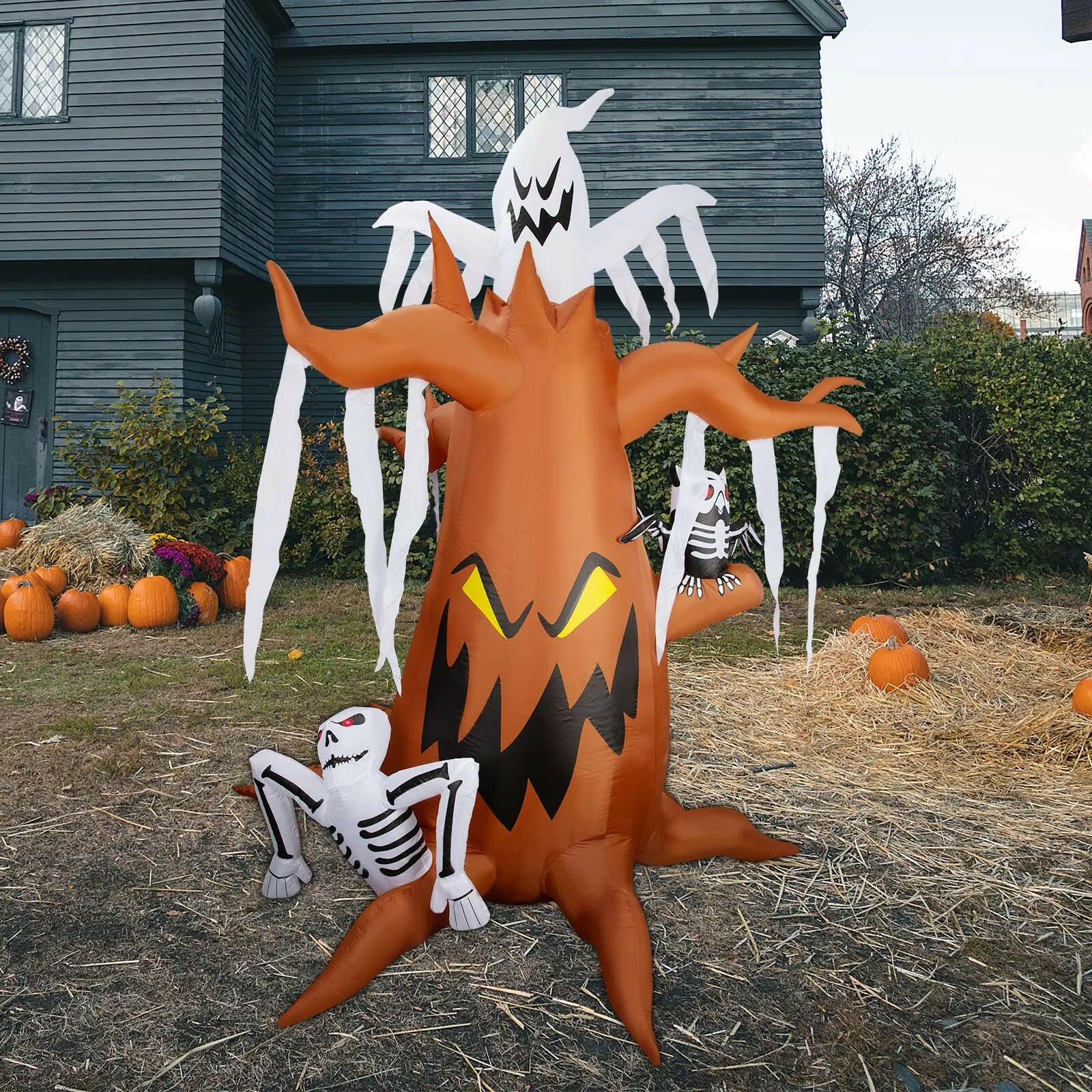 8.3FT Inflatable Halloween Dead Tree with White Ghost and Owl – LED Blow-Up Decoration for Garden, Lawn, and Party Displays