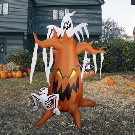 8.3FT Inflatable Halloween Dead Tree with White Ghost and Owl – LED Blow-Up Decoration for Garden, Lawn, and Party Displays