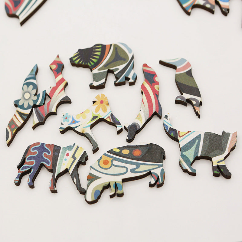 Nature-themed wooden puzzle with animal-shaped pieces, eco-friendly and educational for kids and adults.