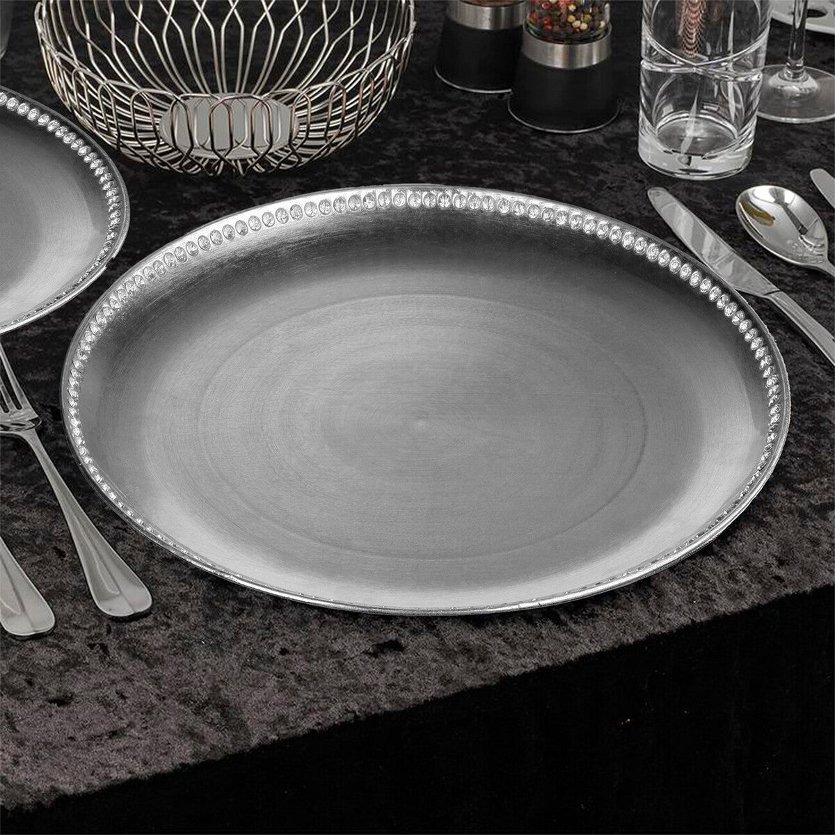 Set of Four 33cm Dia Radiance Silver Decorative Chargers