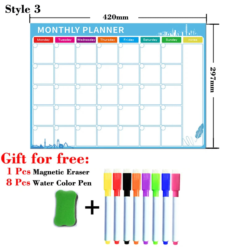 A3 Magnetic Fridge Planner – Monthly & Weekly Dry Erase Calendar with Free Marker Pens (297×420mm)