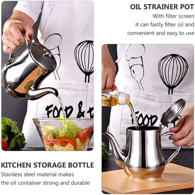Cooking Oil Filter Pot Container Oil Separator Bottle Stainless Steel Storage Pot Oil Tank with Filter Mesh Kitchen Household