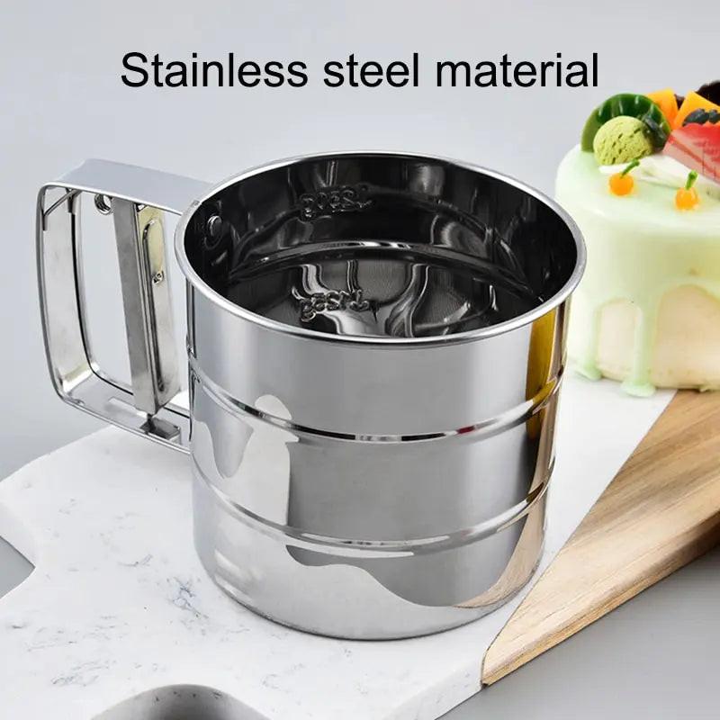 Stainless Steel Flour Sifter – Hand Press Fine Mesh Baking Sieve & Sugar Shaker, 1 Cup Capacity.