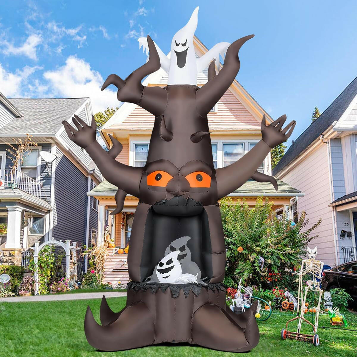 9FT Inflatable Halloween Animated Dead Tree with Ghosts – LED Blow-Up Decoration for Garden, Lawn, and Party Displays