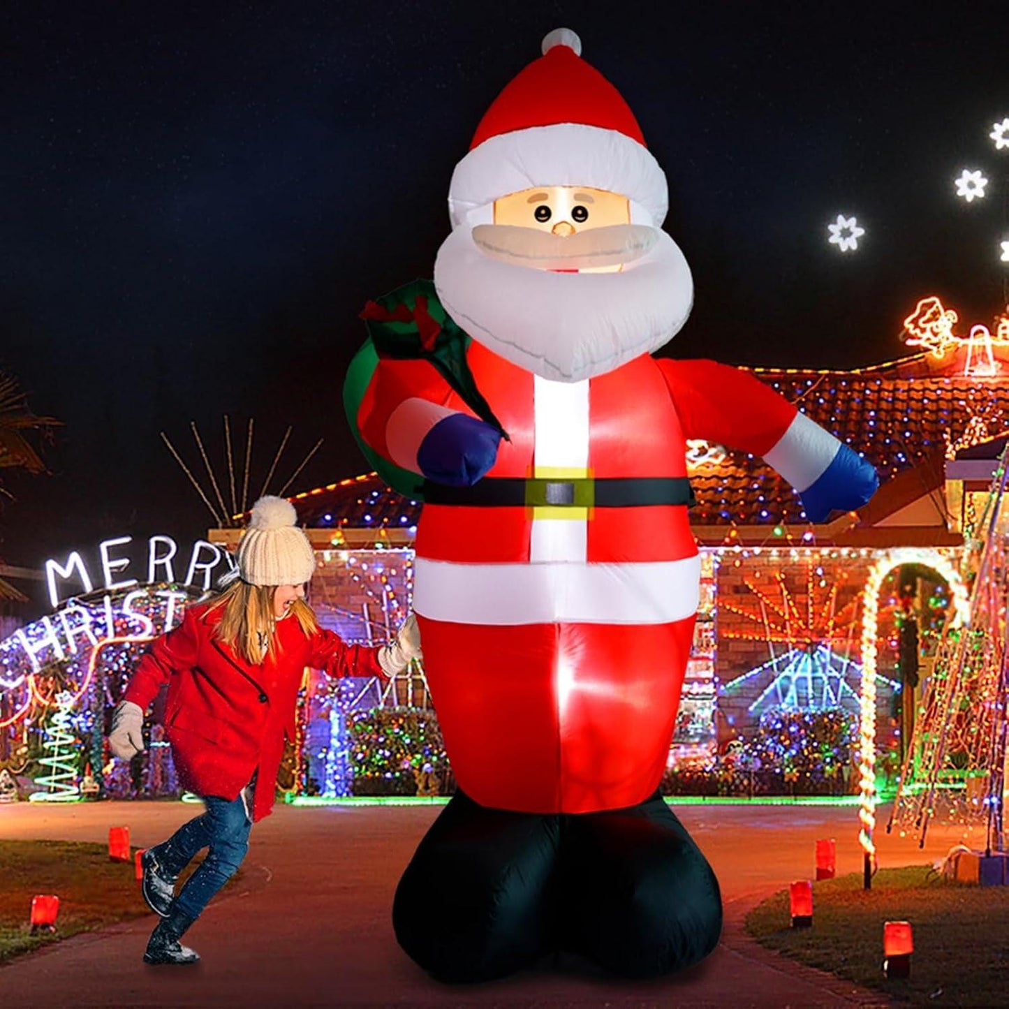 8FT Giant Santa Christmas Inflatable – Outdoor Decoration with LED Lights & Gift Bag | Yard, Retail & Event Display.