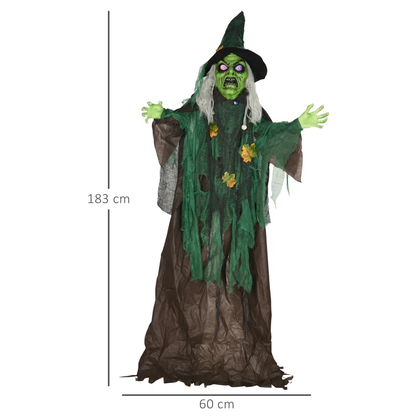 Animated Halloween Prop – Sound-Activated Scary Witch with Red Eyes, Moving Arms & LED Lights (183cm)