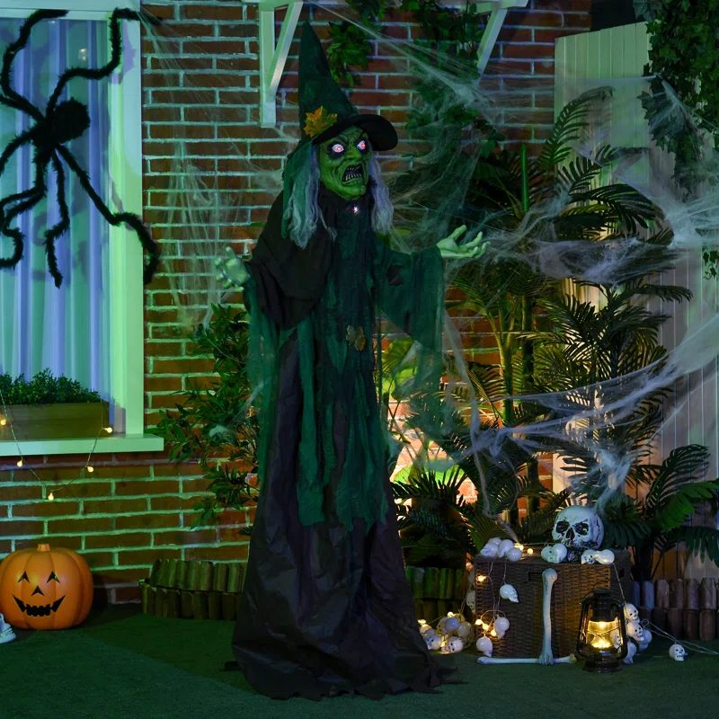 Animated Halloween Prop – Sound-Activated Scary Witch with Red Eyes, Moving Arms & LED Lights (183cm)