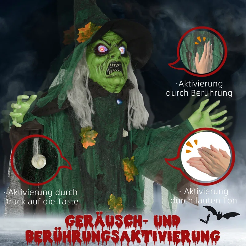 Animated Halloween Prop – Sound-Activated Scary Witch with Red Eyes, Moving Arms & LED Lights (183cm)