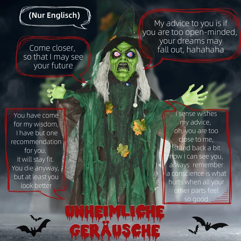 Animated Halloween Prop – Sound-Activated Scary Witch with Red Eyes, Moving Arms & LED Lights (183cm)