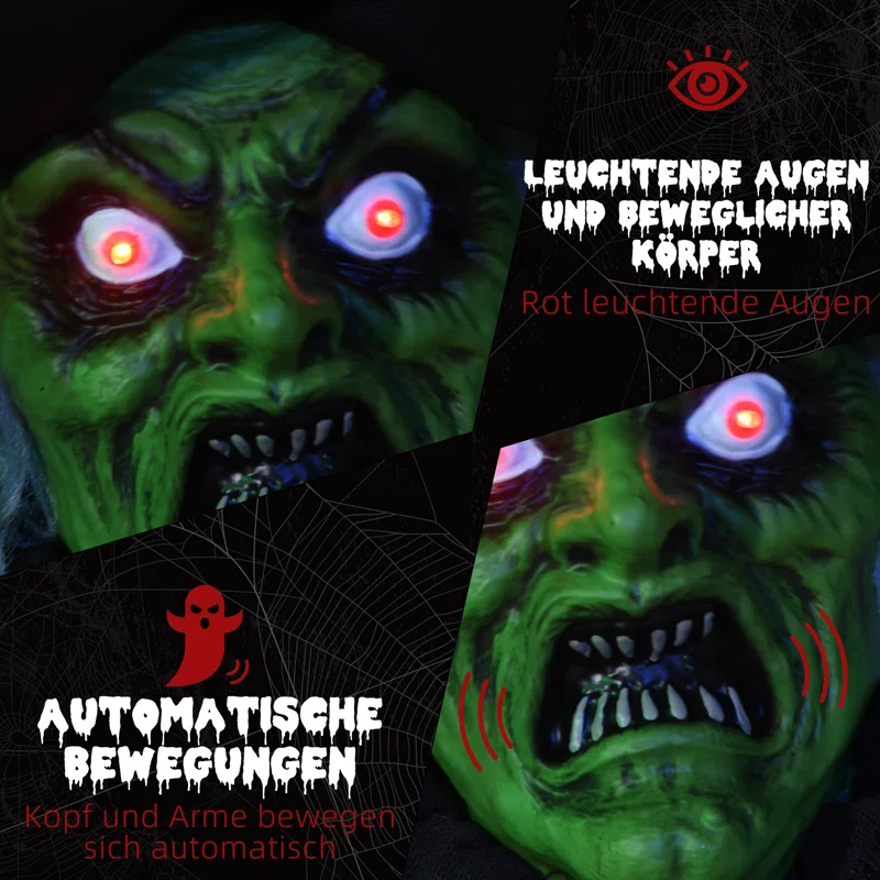 Animated Halloween Prop – Sound-Activated Scary Witch with Red Eyes, Moving Arms & LED Lights (183cm)