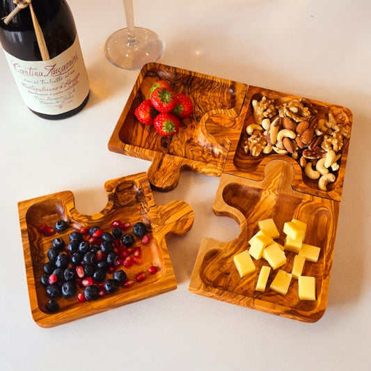 Olive wood puzzle shaped dish , set of 4 dishes, jigsaw shaped pieces, wooden dishes, kitchen, party, restaurant, gift, handmade.