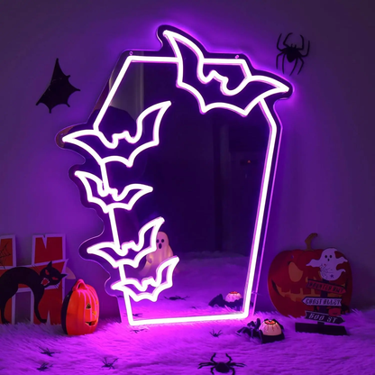 Gothic Coffin Bat Mirror Neon Sign – USB-Powered LED Wall Light for Halloween & Room Decor