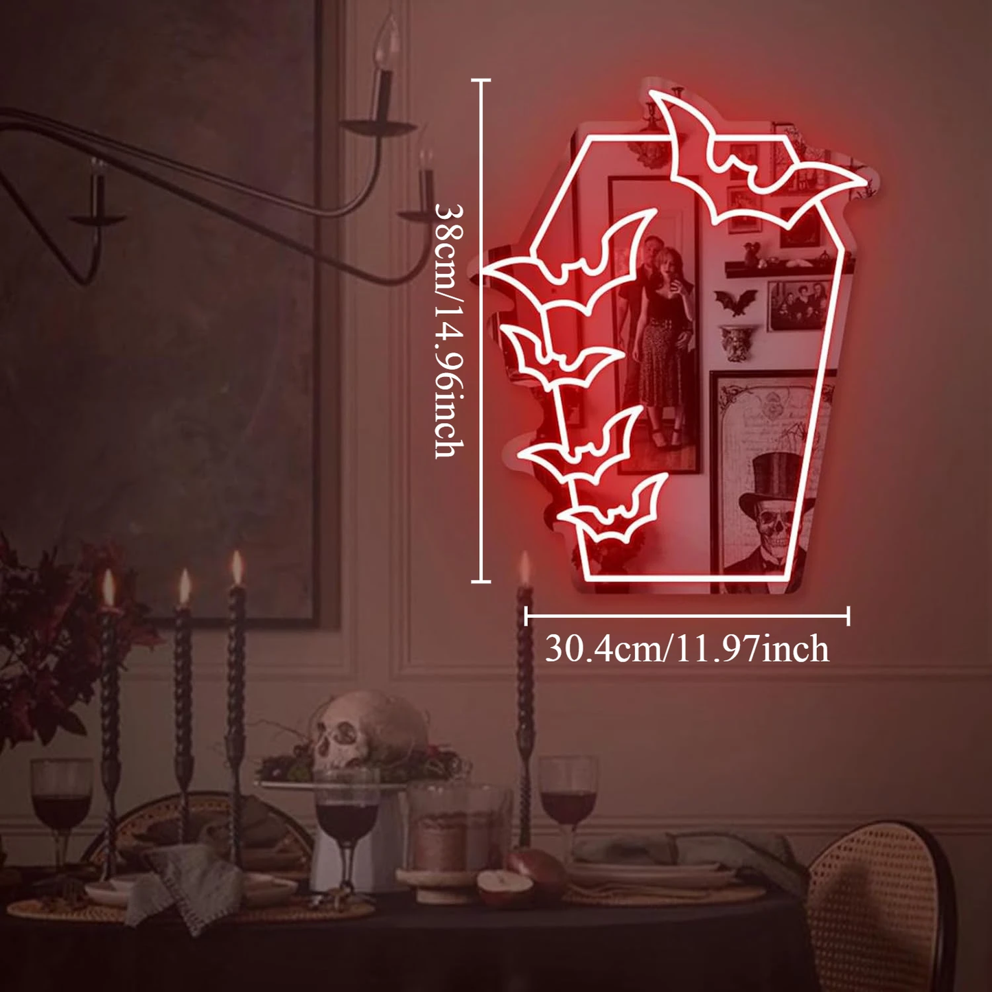 Gothic Coffin Bat Mirror Neon Sign – USB-Powered LED Wall Light for Halloween & Room Decor