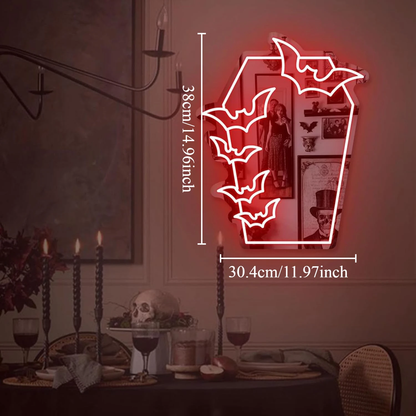 Gothic Coffin Bat Mirror Neon Sign – USB-Powered LED Wall Light for Halloween & Room Decor