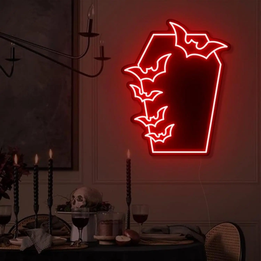 Gothic Coffin Bat Mirror Neon Sign – USB-Powered LED Wall Light for Halloween & Room Decor
