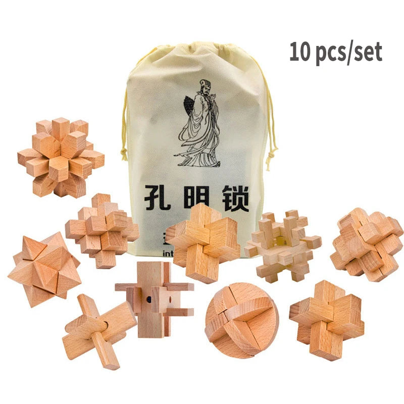 Handcrafted wooden Kong Ming puzzle set – 10 mini IQ locks
